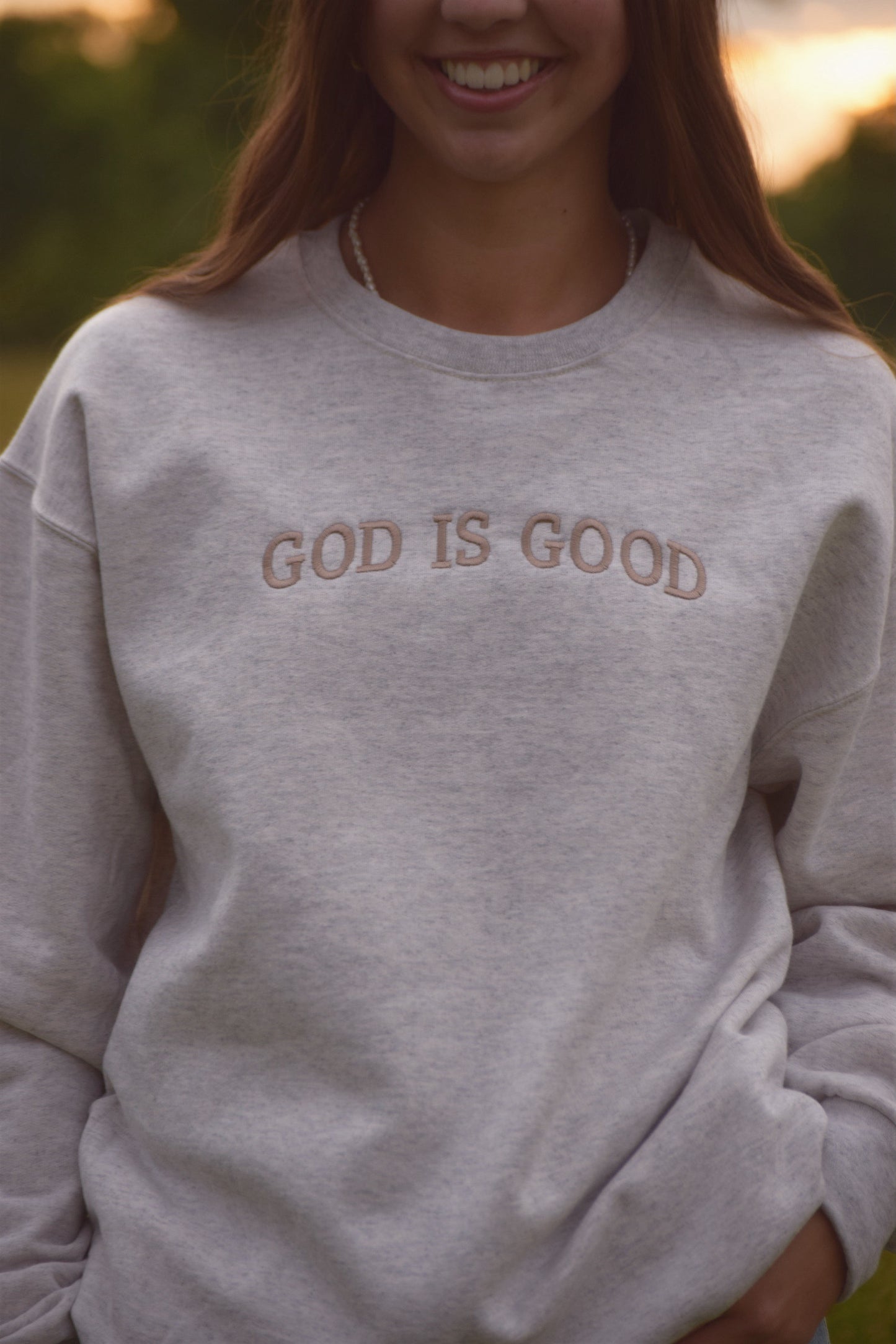 Embroidered God Is Good Crewneck